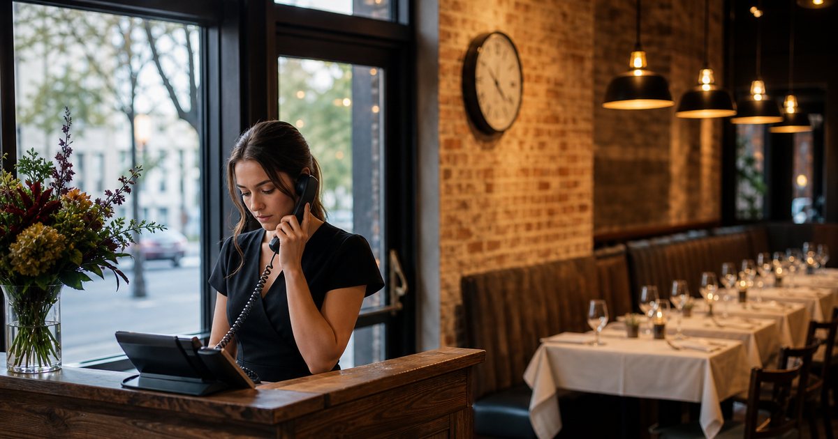 A restaurant host standing at a wooden reception stand near the front door holding a phone handset, a dining room with set tables and pendant lights behind, early evening light, an analog wall clock on the brick wall