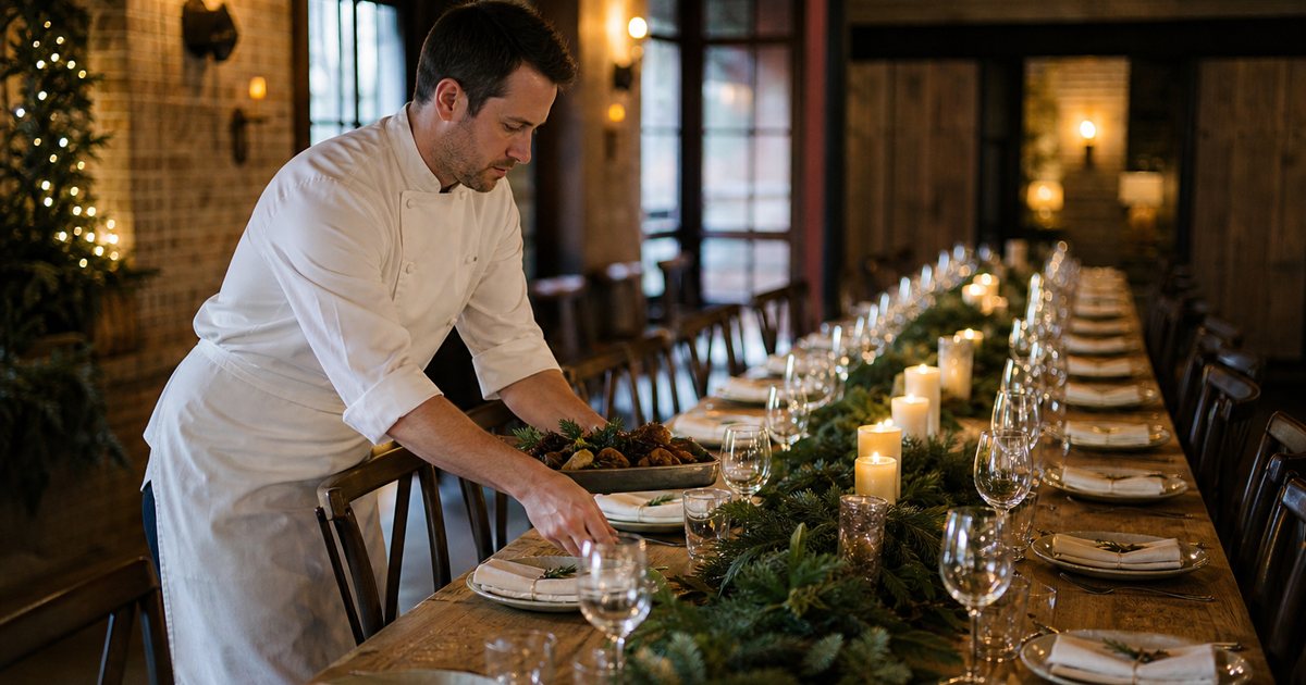 A long communal table set for a holiday dinner in a warmly lit restaurant, evergreen garland and candles down the center, folded napkins on each plate, a chef in whites placing a platter, no guests seated yet