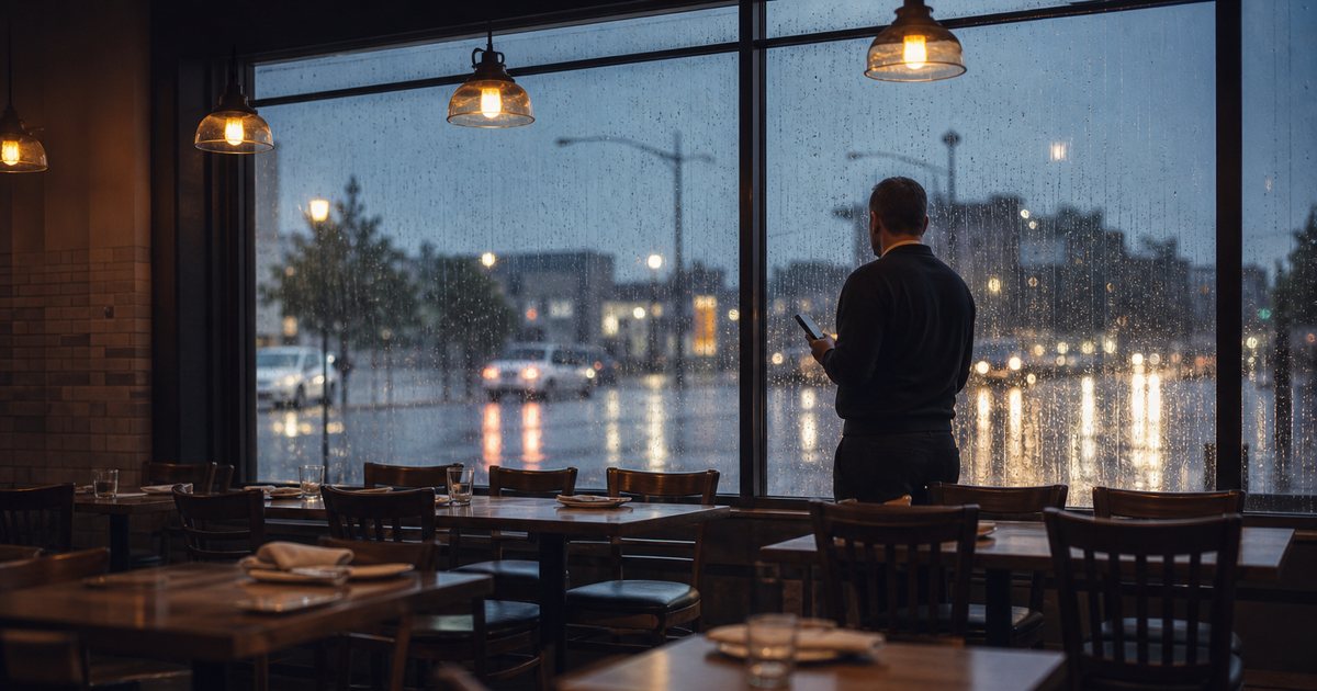 Empty restaurant dining room at dusk with chairs still set at bare wooden tables, heavy rain streaming down a large front window, warm pendant lights glowing inside, a manager in a dark sweater standing near the window looking out with a phone in hand