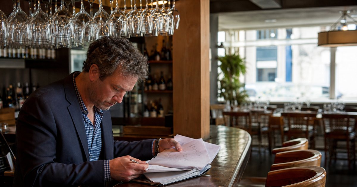 A restaurant manager sitting at a wooden bar in an empty dining room during the afternoon, reviewing a paper reservation book with a pen, warm daylight through the front windows, wine glasses hanging above the bar