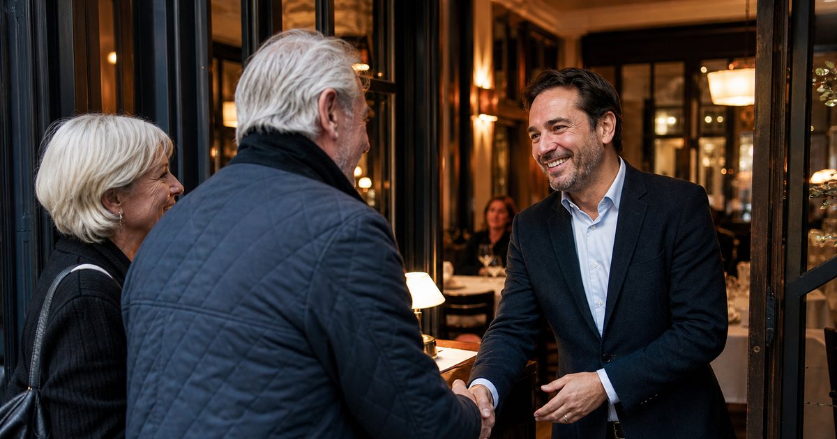 A restaurant owner warmly greeting an older couple at the entrance of a cozy bistro, shaking hands, the host stand and a lit dining room with white tablecloths behind them, evening